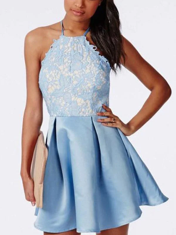 Stock Clearance Homecoming Dress Lace Halter Criss-Cross Straps Short Prom Dress Party Dress JKS051