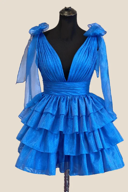 Special Savings mini dressPlunge Neck Royal Blue Layered Short Dress