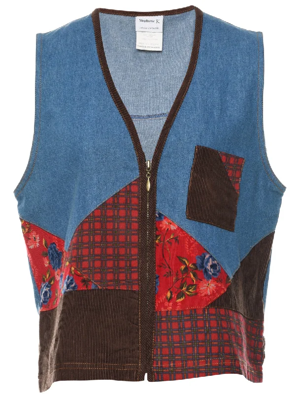 fashionable outerwearMedium Wash Patchwork Denim Waistcoat - M