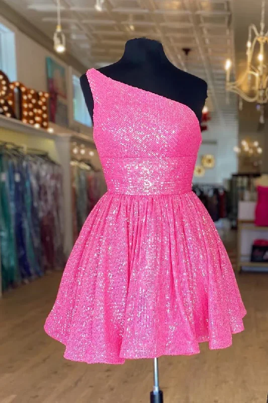 cocktail dressHot Pink One Shoulder A Line Short Homecoming Dress Sequins Y1487