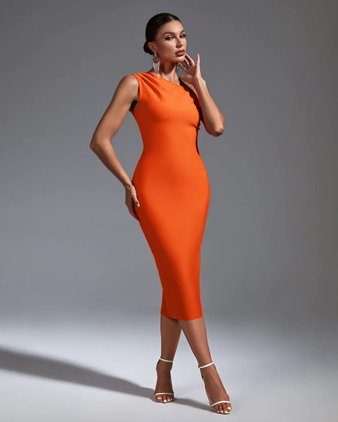 Unmissable Offer printed dressOrange One Shoulder Sleeveless Midi Bandage Dress