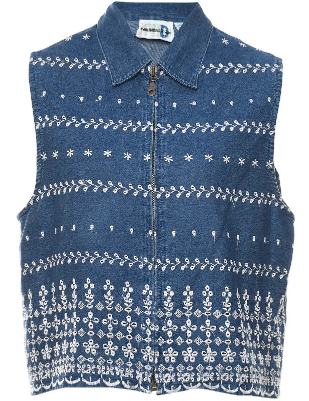 chic coatMedium Wash Denim Embroidered Waistcoat - M