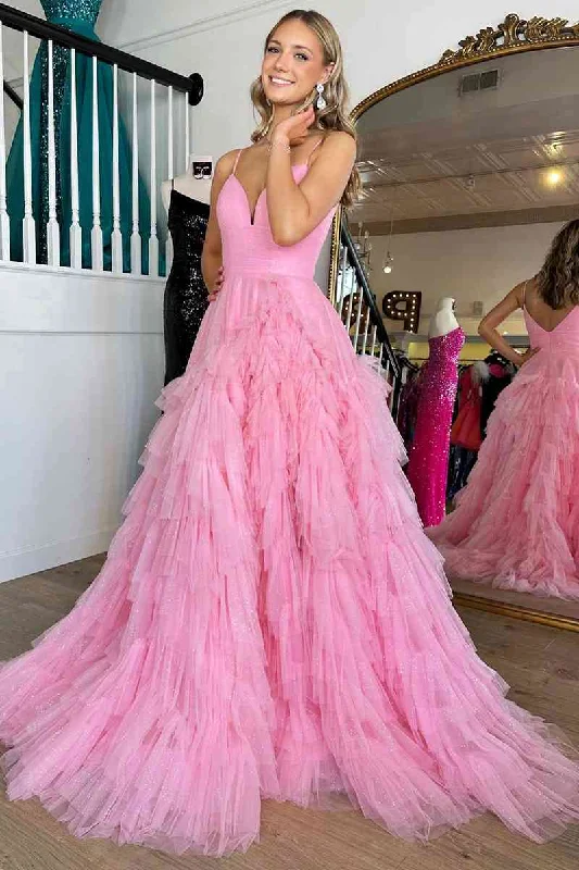 casual summer dressPrincess Pink Strappy Frill-Layered A-Line Long Prom Dress Y1873