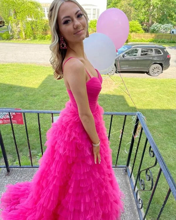 Price Rollback bodycon dressStraps Hot Pink Tiered Layers Long Formal Gown,Charming Hot Pink Sleeveless Prom Dress Y1239