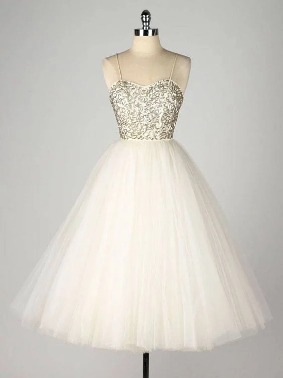 Price Buster Homecoming Dress Gold Sequins Ivory Tulle Short Prom Dress Party Dress JK270