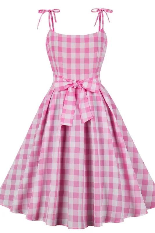 Deal Zone floral midi dressBow Straps Pink Plaid Gingham Swing Dress