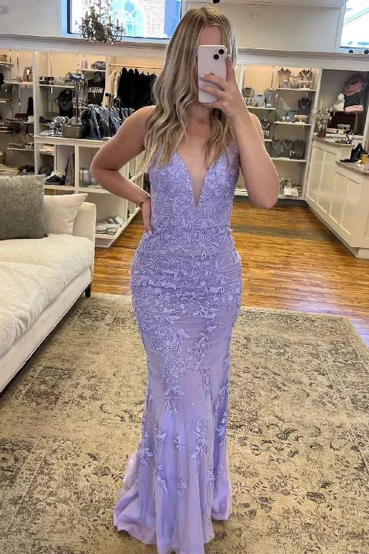 t-shirt dressLavender Appliques Plunge V Backless Mermaid Long Prom Dress Y1738