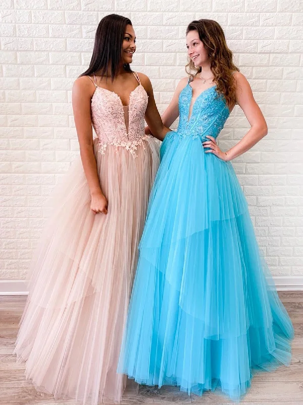 Super Bargain Spaghetti Straps V-Necl Lace Appliques Bodice Modest Tull Prom Evening Dress JKA010