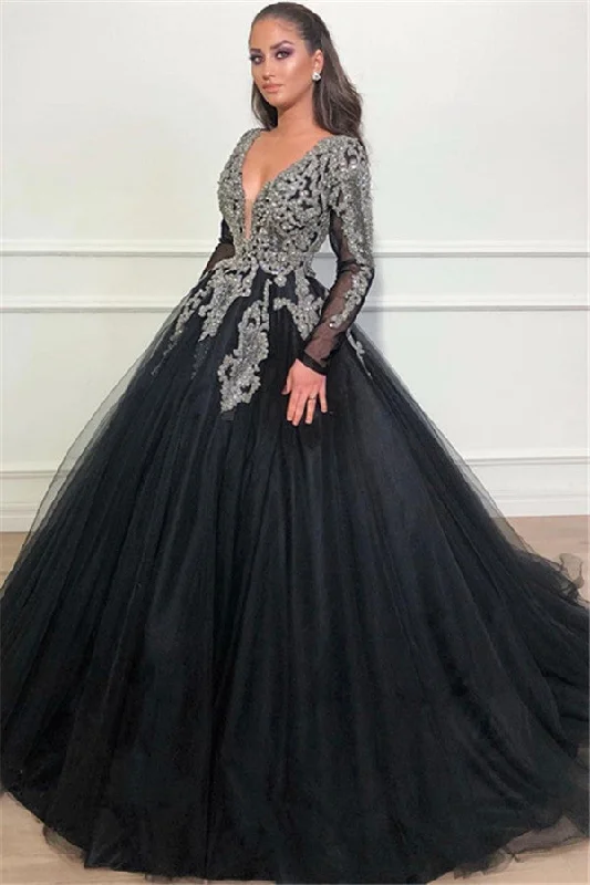 Daily Deals Long Sleeves Ball Gown Prom Dress Sequins Black V-Neck Long Tulle