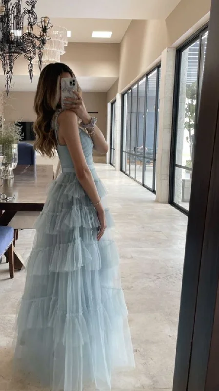 evening dressSweet Light Blue Tulle Prom Dresses,Ruffles Pleated Light Blue Evening Formal Gown Y1539