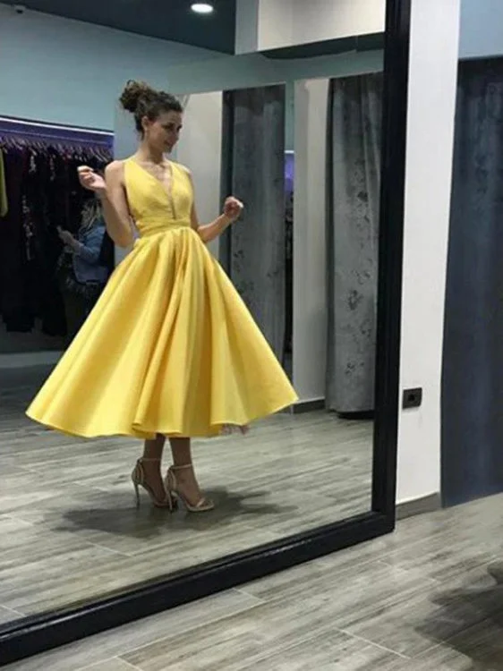 Crazy Deals Open Back Homecoming Dresses Yellow Tea-length Short Prom Dress Party Dress JK665