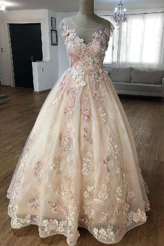 Exclusive Savings Champagne lace applique tulle long prom dress, tulle evening dress JKS015
