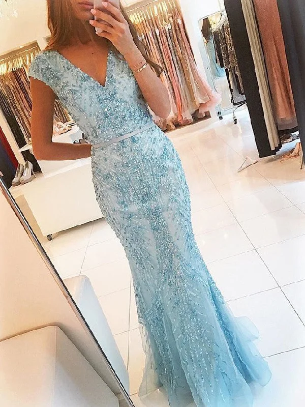 Value Deals Chic Prom Dresses V-neck Floor-length Tulle Prom Dress/Evening Dress JKS082