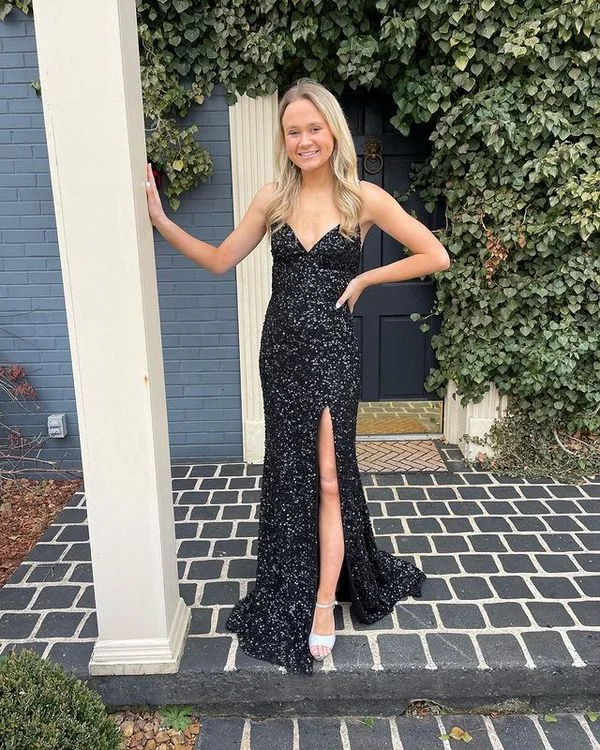 casual dressGlitter Mermaid V Neck Straps Black Sequins Prom Dress with Slit Y1495