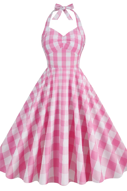Discount Deals casual day dressHalter Pink Plaid Gingham Swing Dress