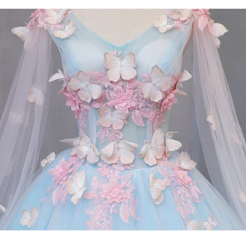 Price Smash floral wrap dressBeautiful Light blue Butterfly Lace Prom Dresses, Sweet 16 Formal Dresses Y1137
