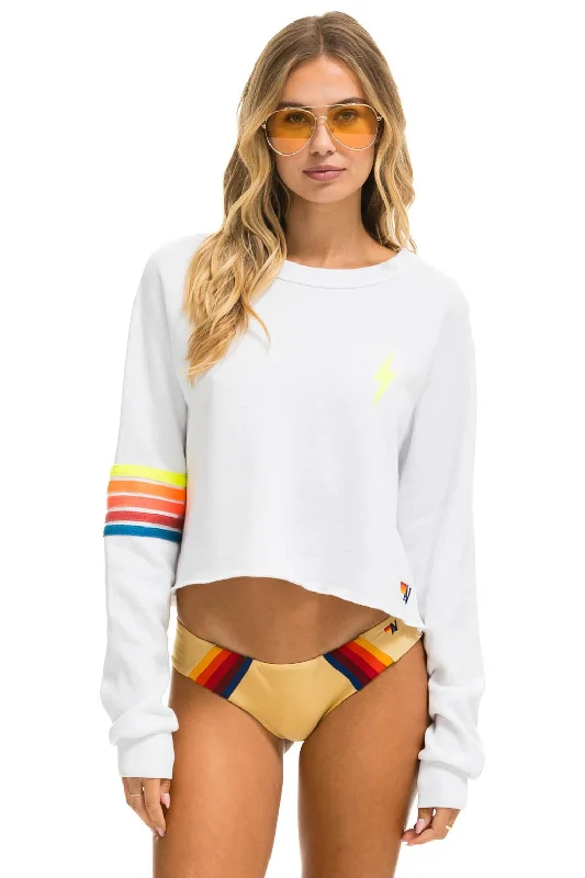 Deep Discounts soft athletic sweatshirtBOLT RUGBY STITCH CROPPED CREW SWEATSHIRT - WHITE // NEON RAINBOW Deep Discounts soft athletic sweatshirtBOLT RUGBY STITCH CROPPED CREW SWEATSHIRT - WHITE // NEON RAINBOW