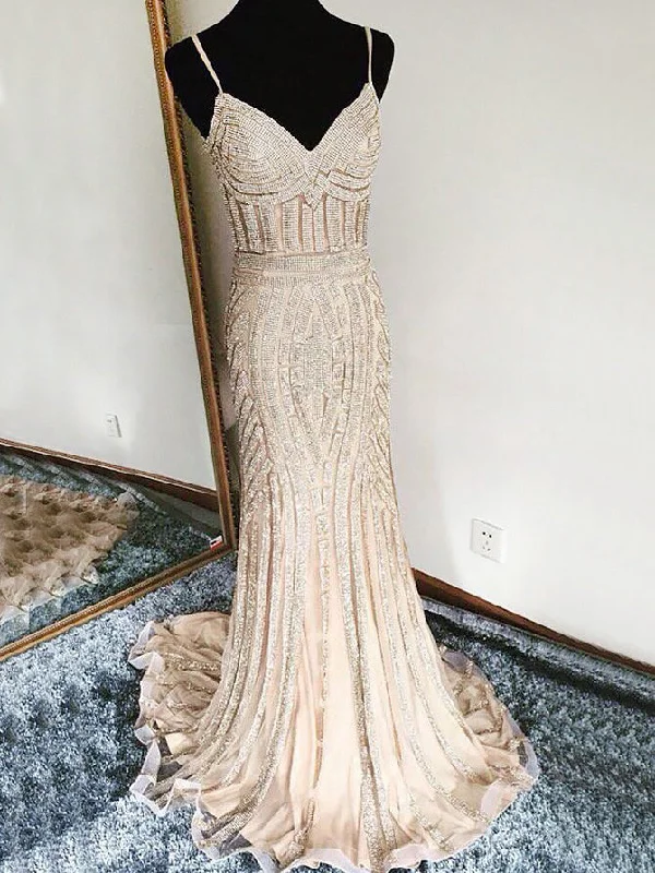 Take Advantage Luxury Prom Dresses Spaghetti Straps Sheath/Column Sexy Prom Dress/Evening Dress JKS226