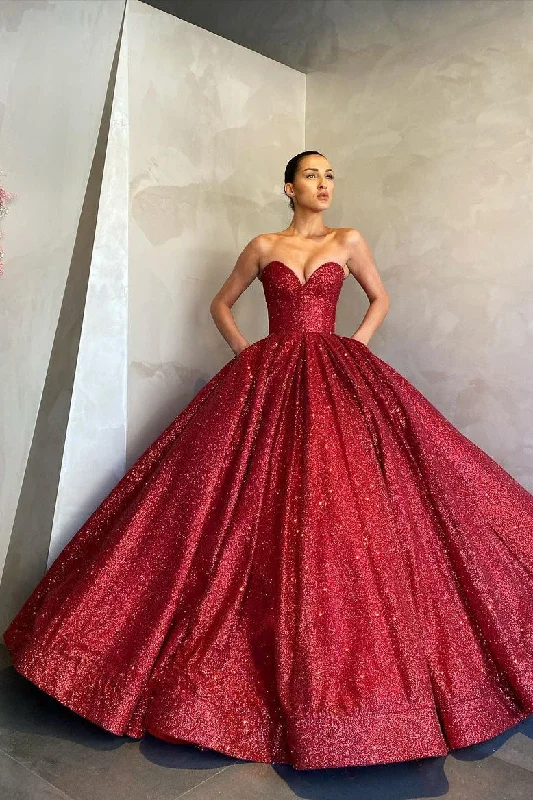 One-DAY Sale Sweetheart Sexy Ball Gown Prom Dress Sequins Red Long