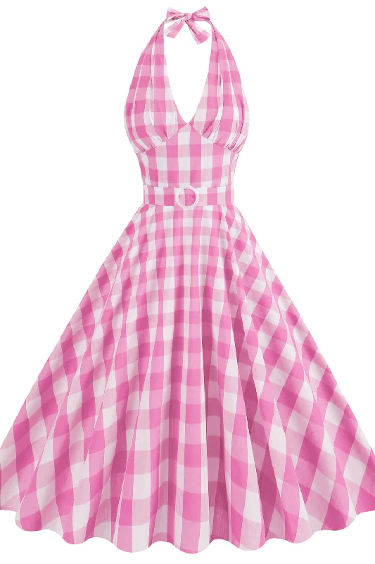 Discount Days comfy maxi dressDeep V Neck Pink Plaid Gingham Swing Dress with Belt