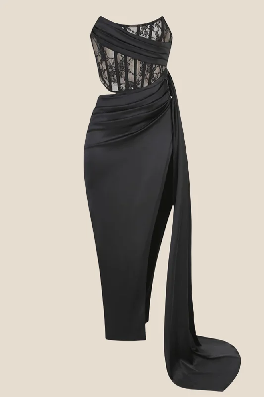 Buy Now elegant shift dressStrapless Black Lace Ruched Long Dress with Slit