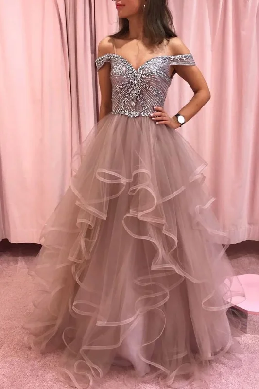 Discount Days Champagne Tulle off Shoulder Long Prom Dress Tulle Evening Dress JKG014
