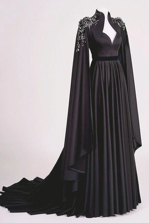 Crazy Savings Satin Muslim Prom Dress with Cape High Neck A Line Beaded Evening Formal Party Gowns GJS624