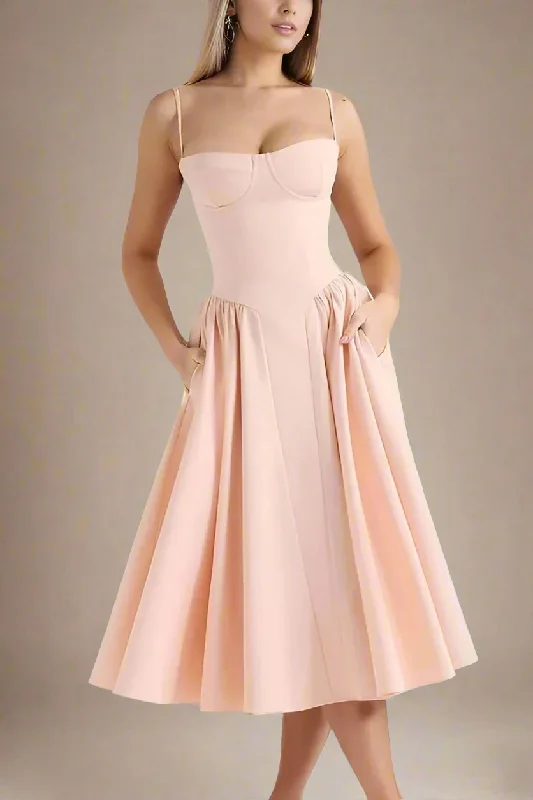 Grand Opening Sale pleated dressEverly Bodycon Day Midi Dress - Peach