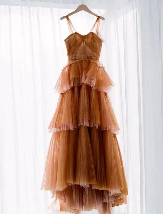 trendy mini dressA Line Long Brown Tulle Prom Dresses Y1911