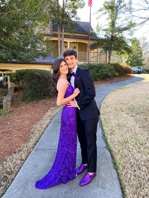 Exclusive Preview pleated dressMermaid Sparkle Purple Sequin Prom Dress With Train Y1283