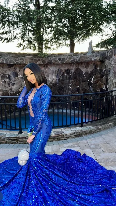 Price Buster A-line dressRoyal Blue mermaid prom dress,Deep v mermaid sequin lace prom dress,African women prom dresses,wedding reception gown,plunging neckline Y1378