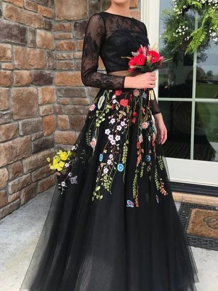 Amazing Deals Two Pieces Black Prom Dresses With Lace Floral Long Sleeve Evening Gowns JKG039