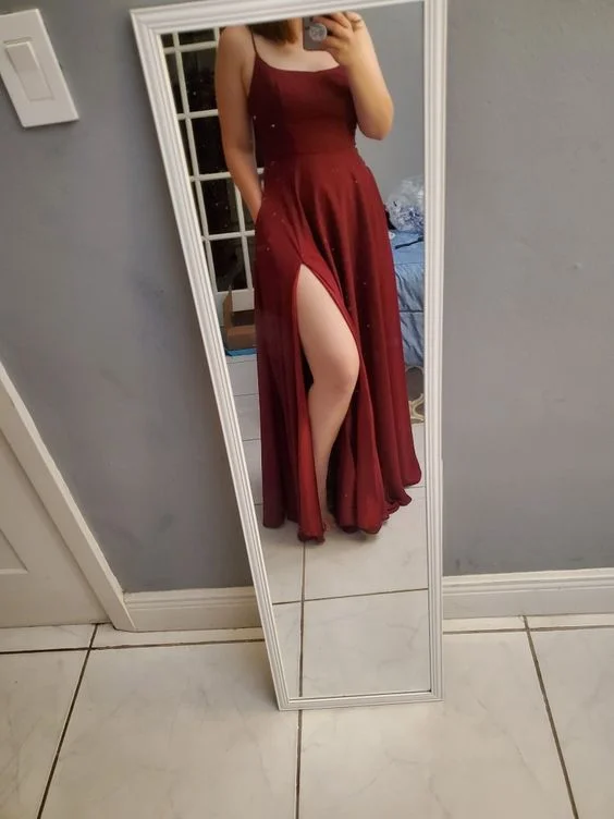 Limited Availability knit dressA-line Spaghetti Straps Burgundy Prom Dress Lace-up Back Graduation Dress Y697