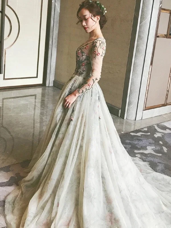 Deal Mania Fairy Long Sleeve Prom Dresses V-neck A-line Embroidery Prom Dress Long Evening Dress JKL1233