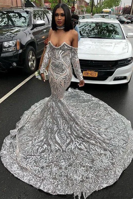 Lowest Prices Long Sexy Sweetheart Silvery Mermaid Prom Dress Sequins Long Sleeves