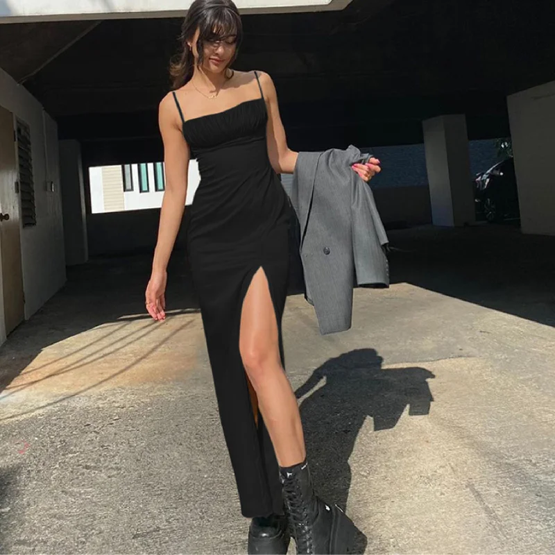 Super Sale party-ready dressElegant Black Spaghetti Straps Long Prom Dress With Split,Sexy Prom Gown  Y1321