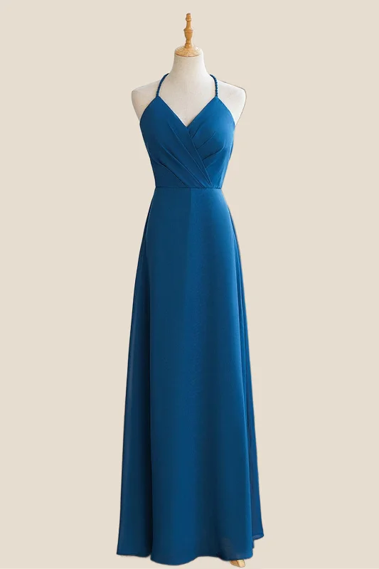 Price Meltdown ruffle dressHalter Blue Chiffon A-line Long Bridesmaid Dress