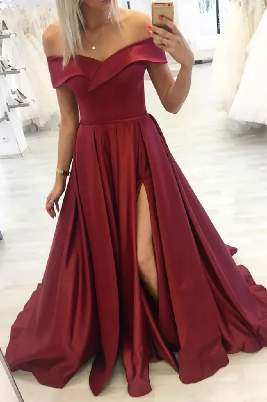 Sale Event lace dressOff Shoulder Burgundy Satin Long Prom Dress with Slit, Off Shoulder Burgundy Formal Dress Y226 Sale Event lace dressOff Shoulder Burgundy Satin Long Prom Dress with Slit, Off Shoulder Burgundy Formal Dress Y226