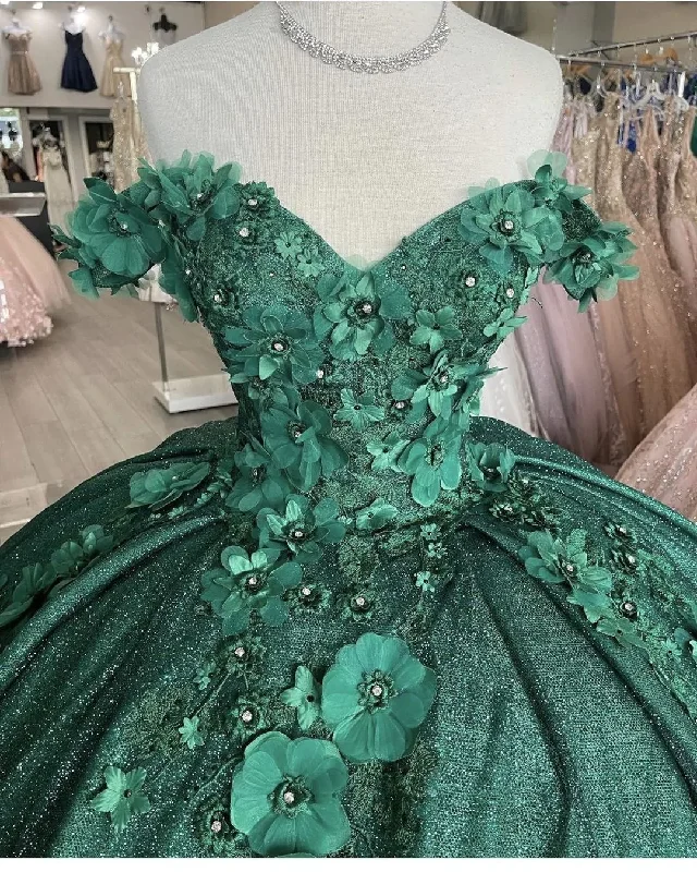 New Deals casual summer dressOff The Shoulder Green Ball Gown With Flowers Sweet 16 Dress Y1116