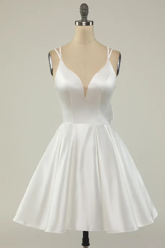 relaxed fit dressWhite Satin A-line Graduation Dress,White Short Homecoming Dress  Y1849