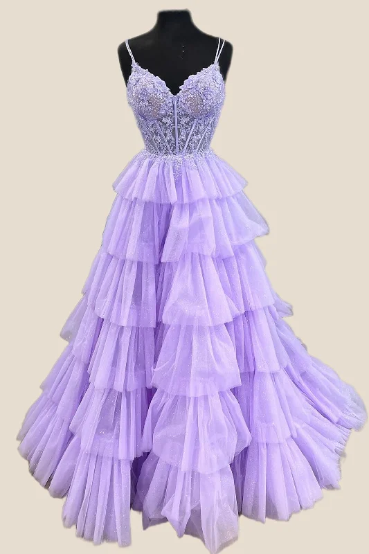 Best Bargains draped dressLilac Appliques and Tulle Tiered Ruffle Gown