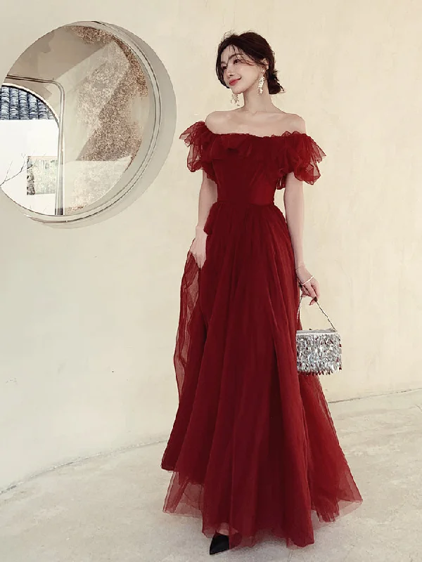 chic wrap dressDark Red Velvet Long Formal Gown, Off Shoulder Dark Red Prom Dress Y1435