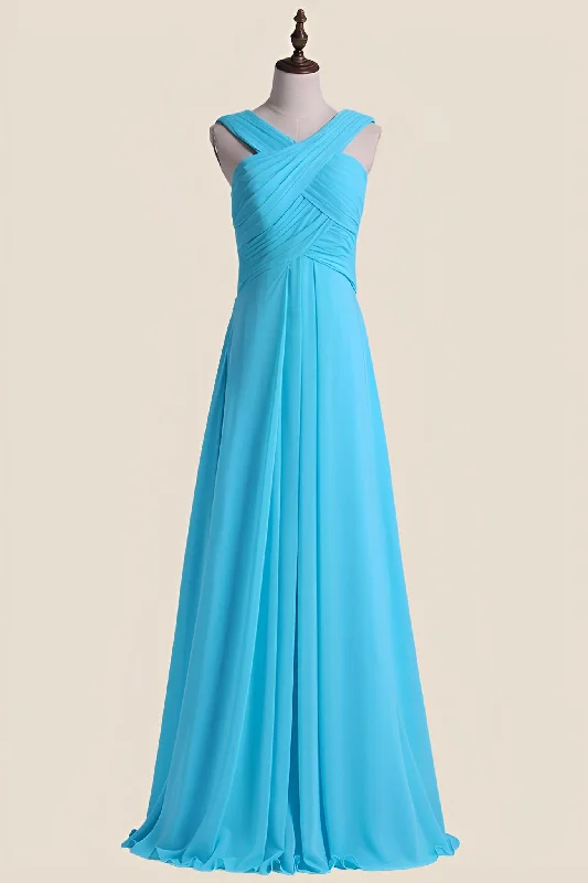 Special Price ashionable dressCross V Neck Blue Chiffon Long Bridesmaid Dress