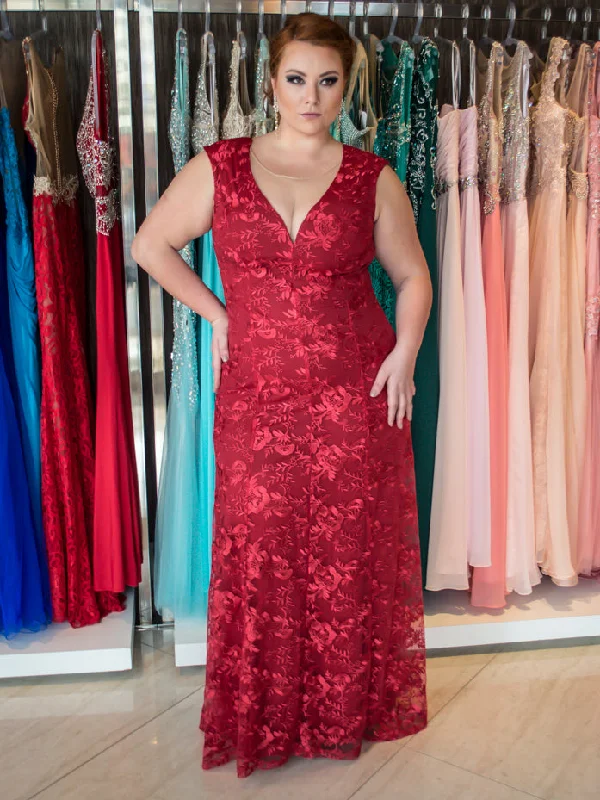 YEAR-End Sale Burgundy Plus Size Prom Dresses Scoop A-line Lace Sexy Long Prom Dress JKP017