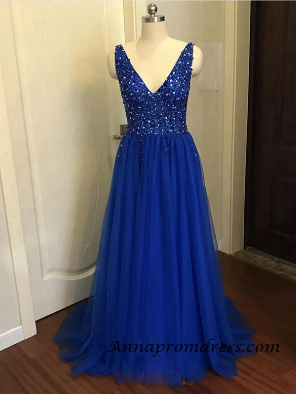 Deal Mania Modest Tulle Beaded V Neck Prom Dress A Line Floor Length Prom Evening Dress with Slit YSR1112