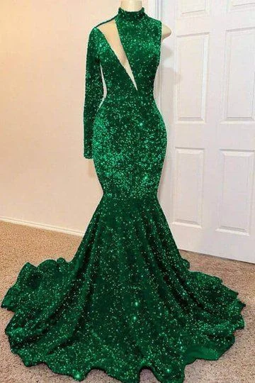 Markdown Madness ashionable dressFabulous Emerald Green Sequins Prom Dress Mermaid One Shoulder Long Sleeves Y1385