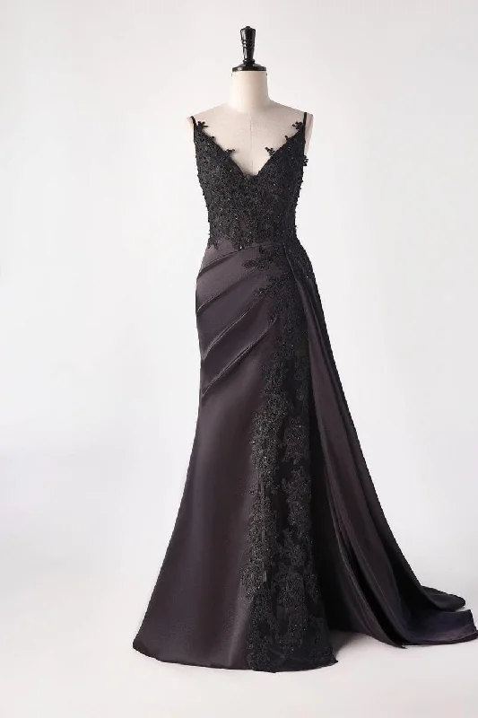 Great Deals vintage-inspired dressBlack Satin Appliques Mermaid Long Dress with Slit Great Deals vintage-inspired dressBlack Satin Appliques Mermaid Long Dress with Slit