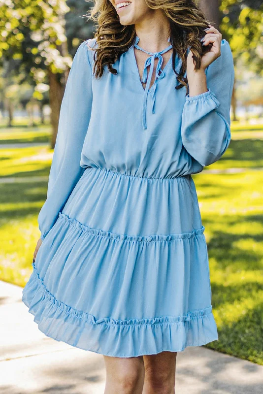 Special Buy Light Blue V Neck Long Sleeve Ruffle Tiered Mini Dress