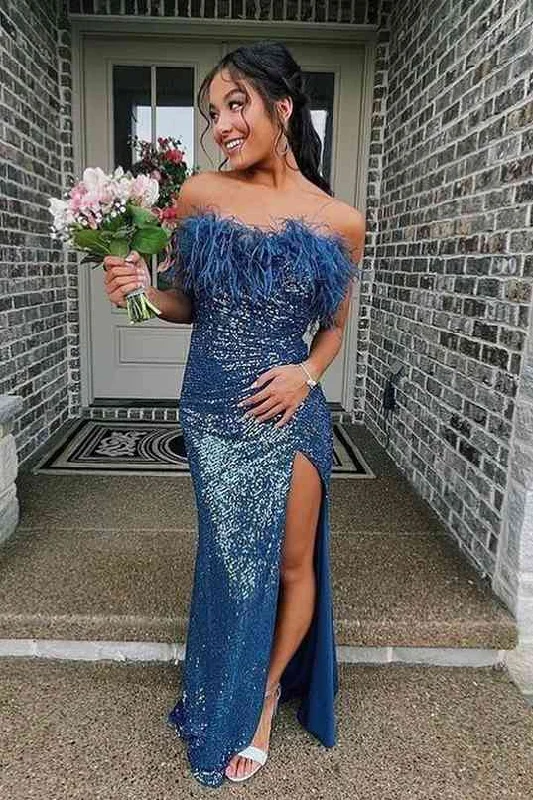 boho-chic dressSequins Blue Strapless Feather Long Prom Dress with Slit Y1863