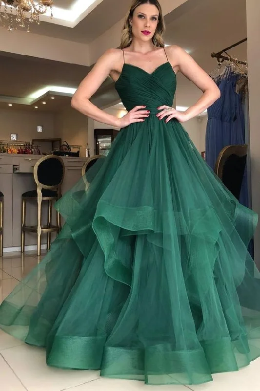 flowy evening dressEmerald Green Tulle A-Line V Neck Prom Dress,Formal Graduation Dress Y1505